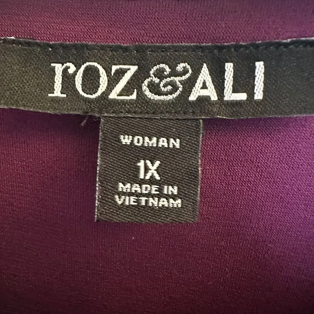 3 for $15 Roz & Ali Plus Size 1X Plum Floral Boho Asymetrical 2 layer Blouse - Picture 6 of 8